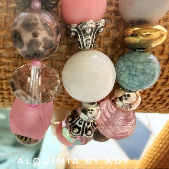 Alquimia Pink and White Floral Glass Bead Bracelet Stack GEMSTONES - Picture 3 of 7